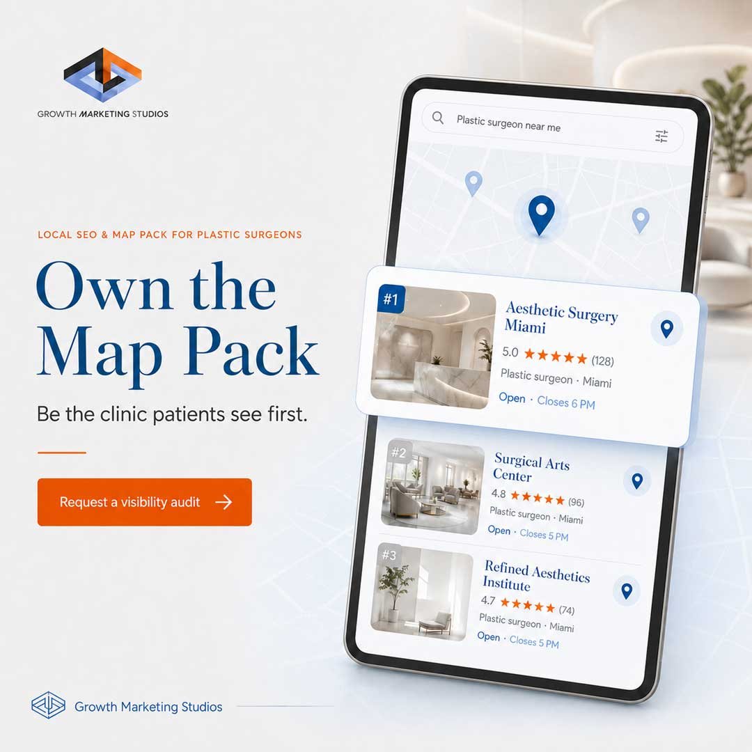 Google Map Pack top three listings for plastic surgeon near me on a phone