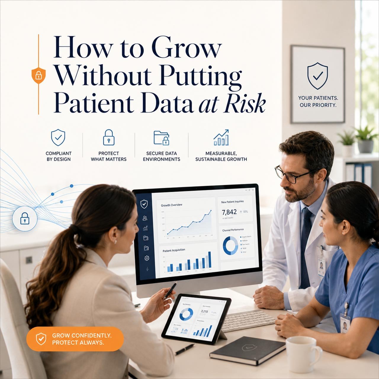 Plastic surgery clinic team reviewing a HIPAA compliant marketing dashboard: how to grow without putting patient data at risk