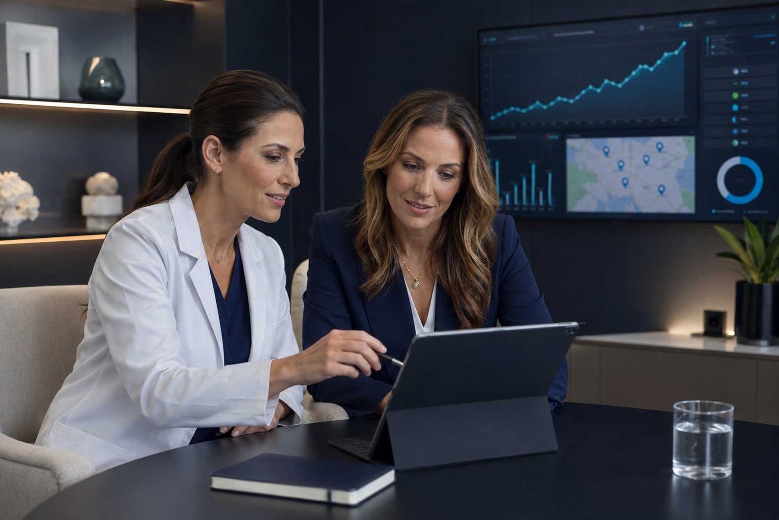 SEO consultant reviewing organic search growth results with a plastic surgeon