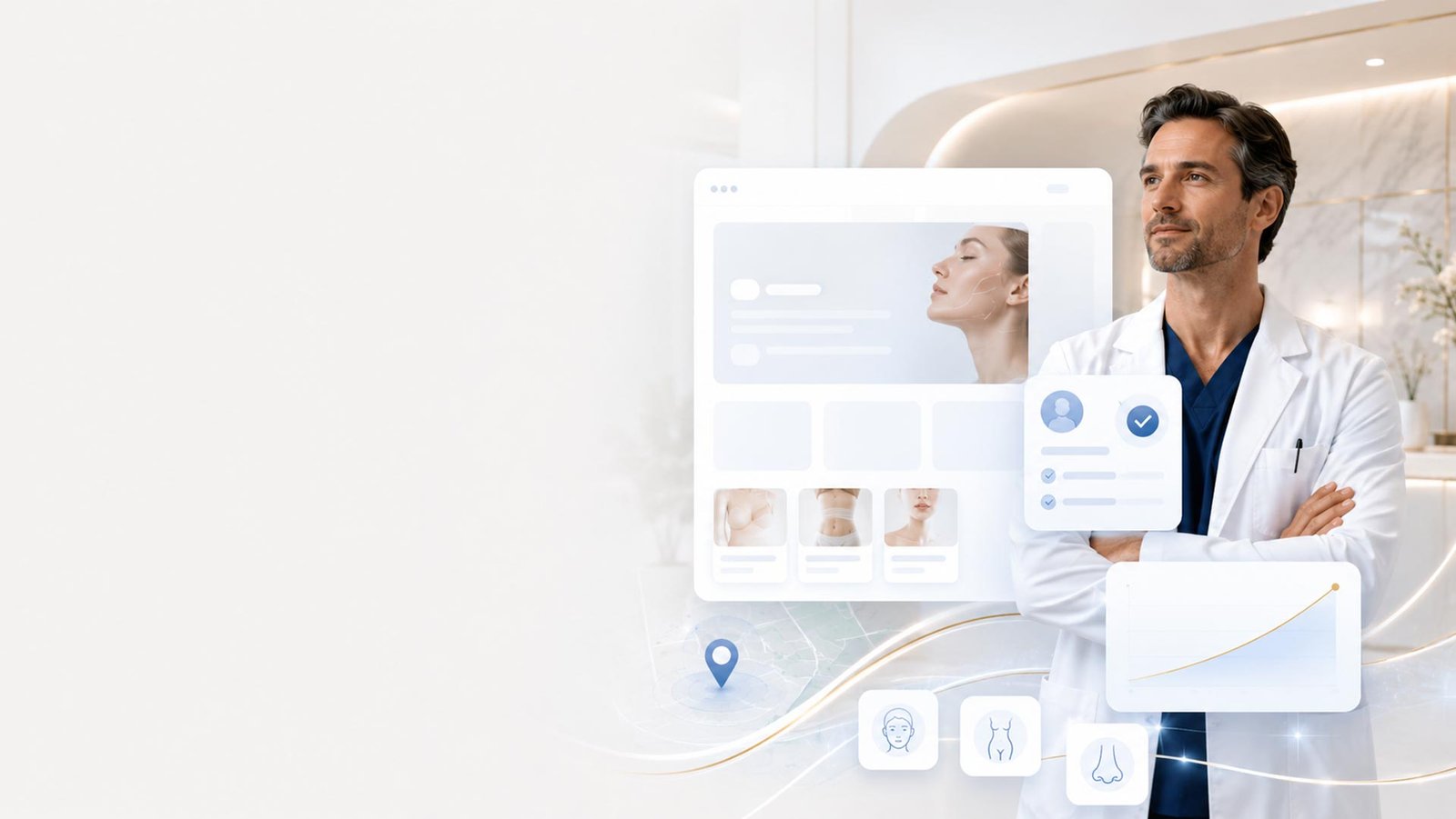 Plastic surgery procedure SEO: a surgeon beside a ranking procedure page with a before-and-after gallery